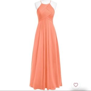 Azazie Orange Ruched Halter Maxi Dress for Weddings